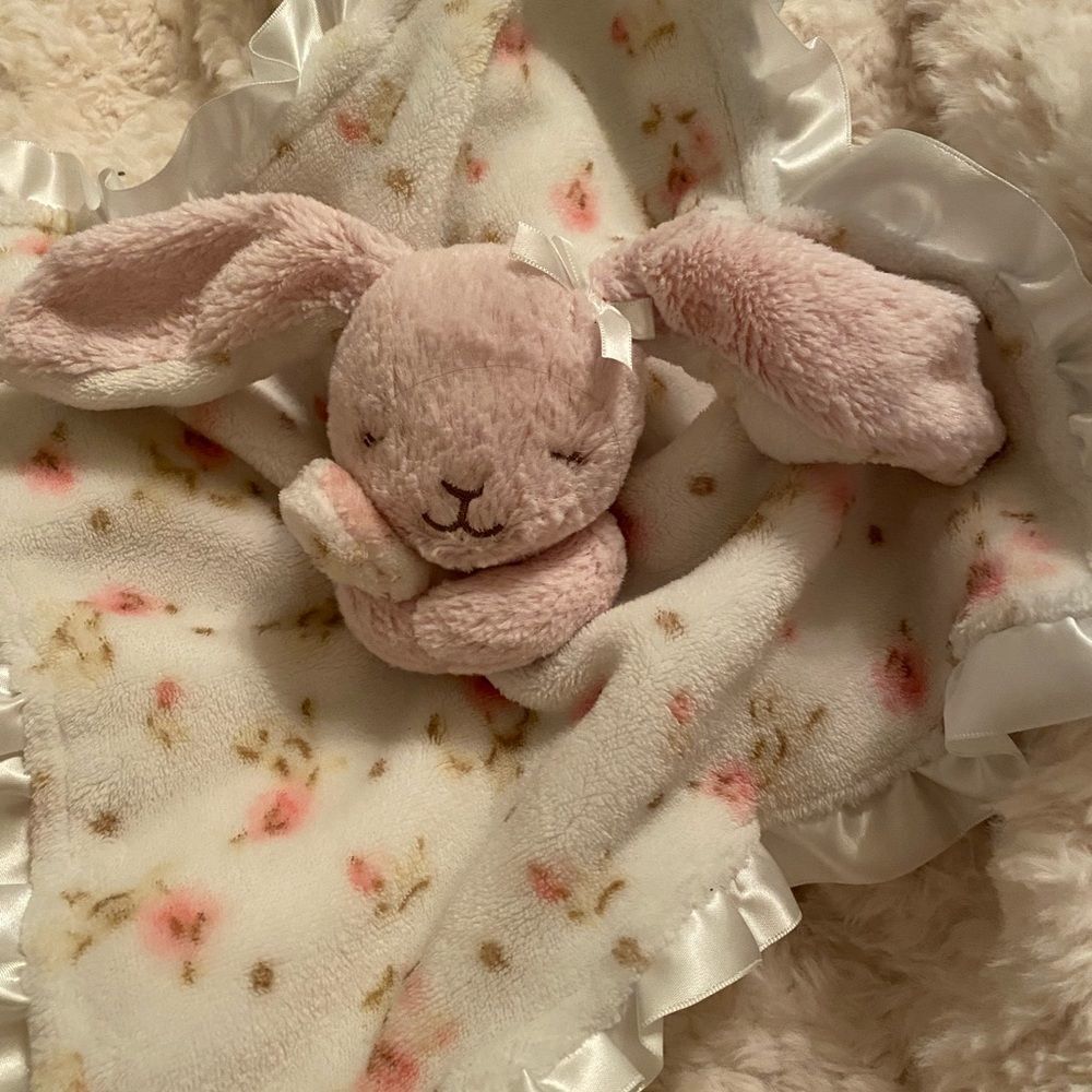 Little Me Lovey Baby Security Blanket Pink Bunny Floral Satin Plush Rattle